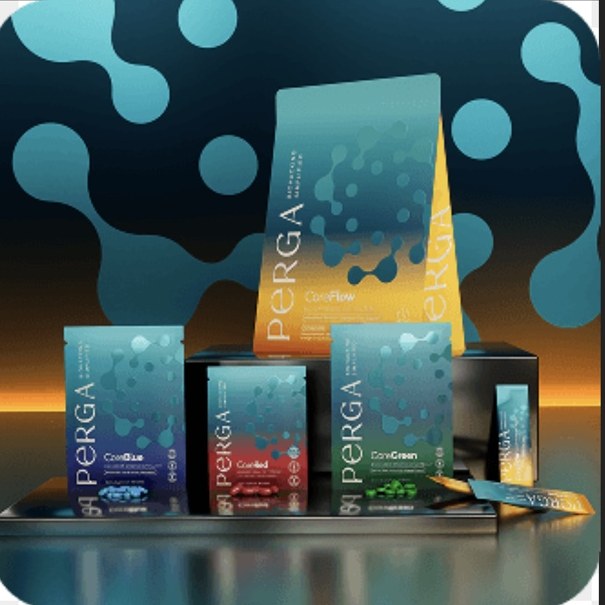 Perga Core Four products, CoreFlow, CoreBlue, CoreGreen, and CoreRed, displayed together