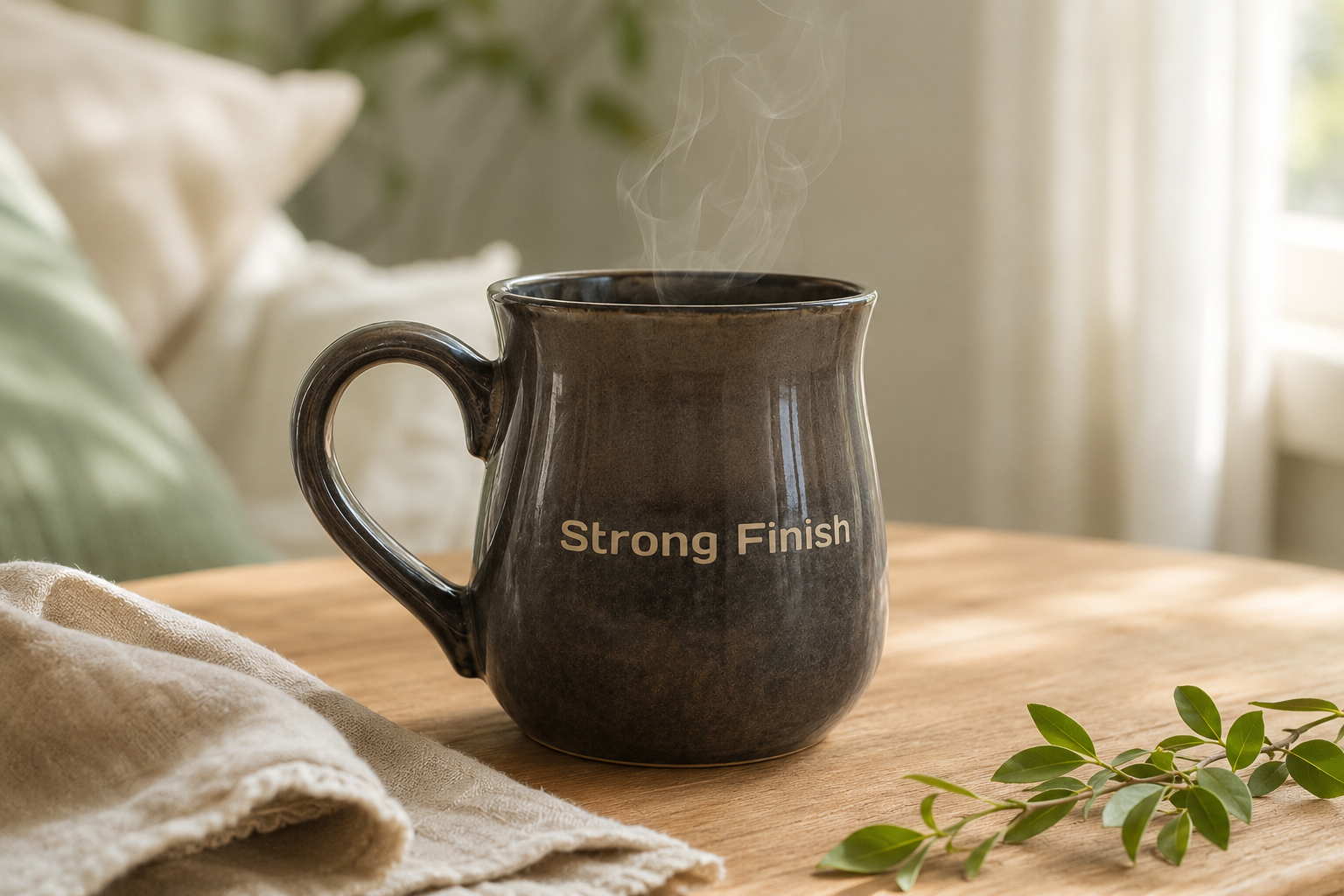 Strong Finish mug with warm tea in a calm, sunlit setting.