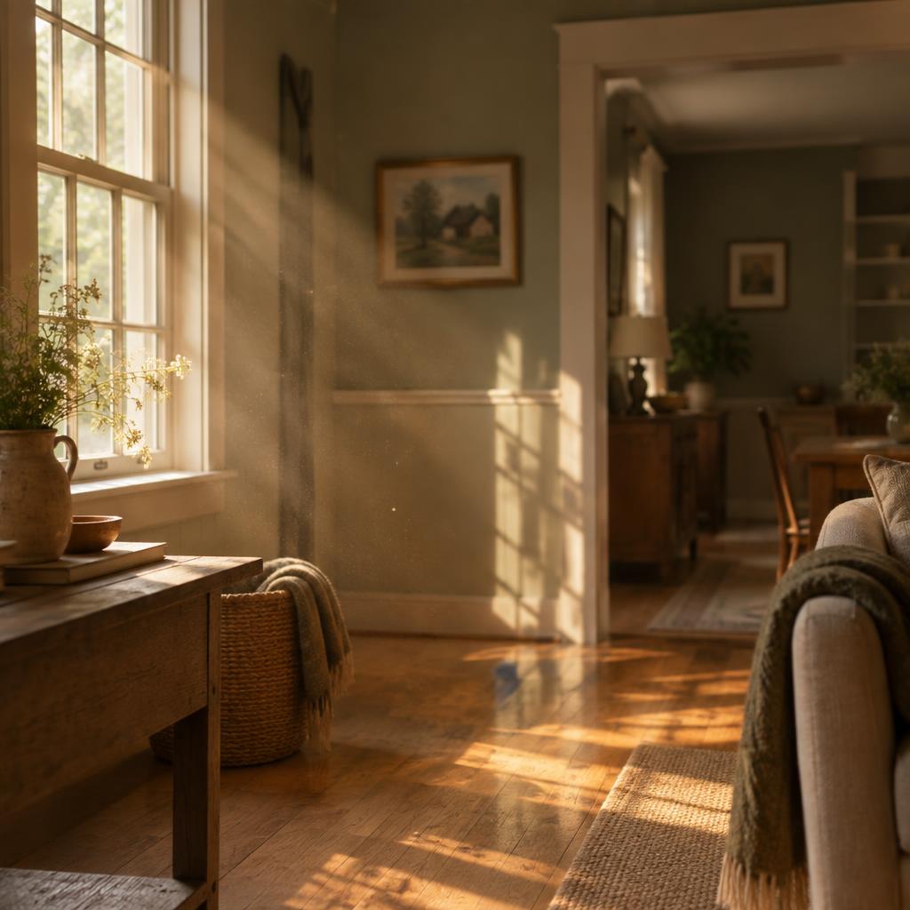 Golden sunlight streaming through a window into a calm, warm home interior
