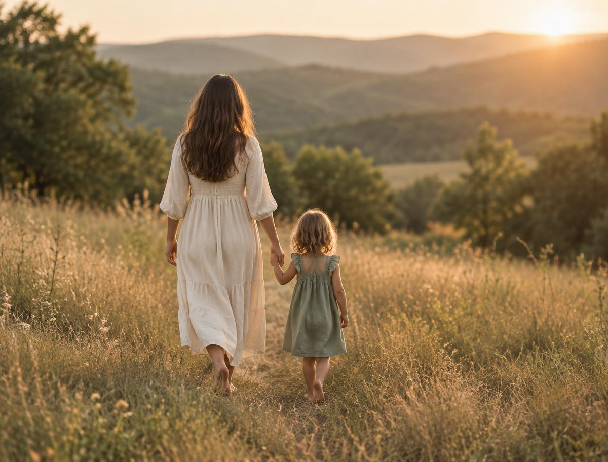 A mother and her young daughter walking barefoot hand in hand through a golden meadow at sunset