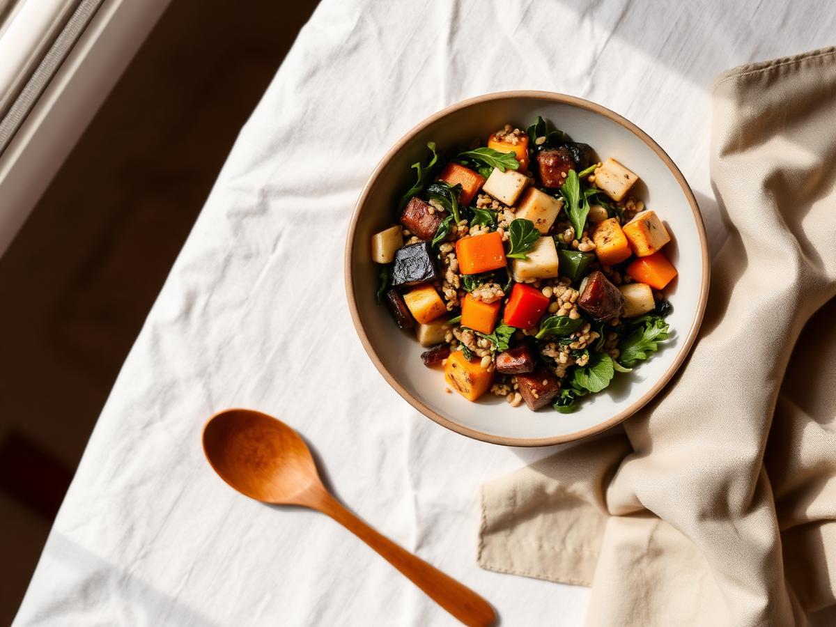 A ceramic bowl of nourishing roasted vegetables and greens